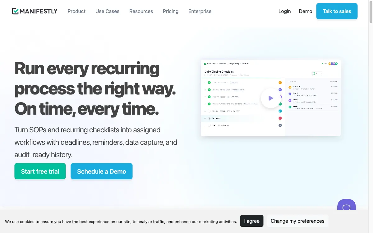 Screenshot of the Manifestly Checklists homepage